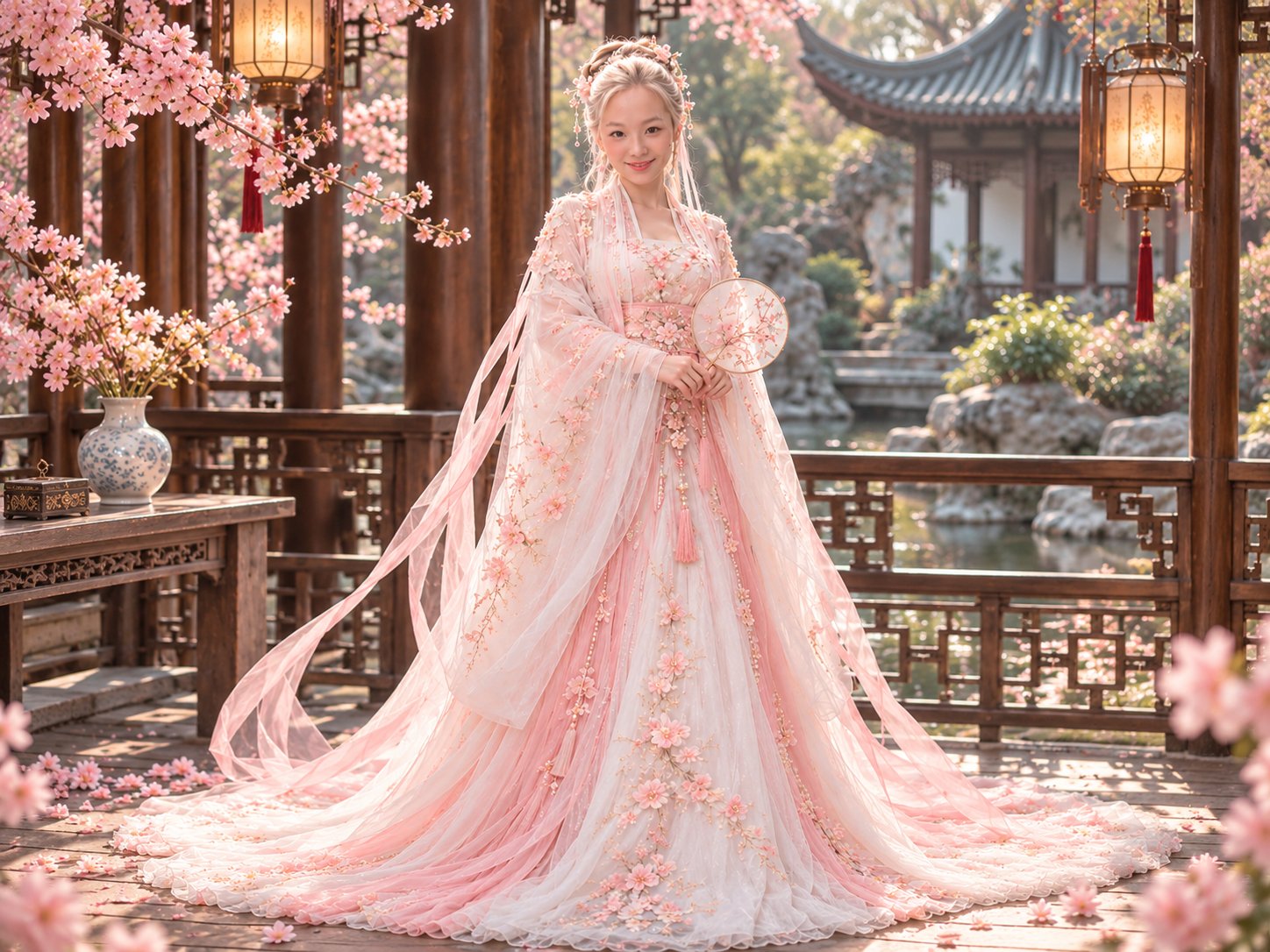 Sabrina in a pink heritage gown in a garden pavilion